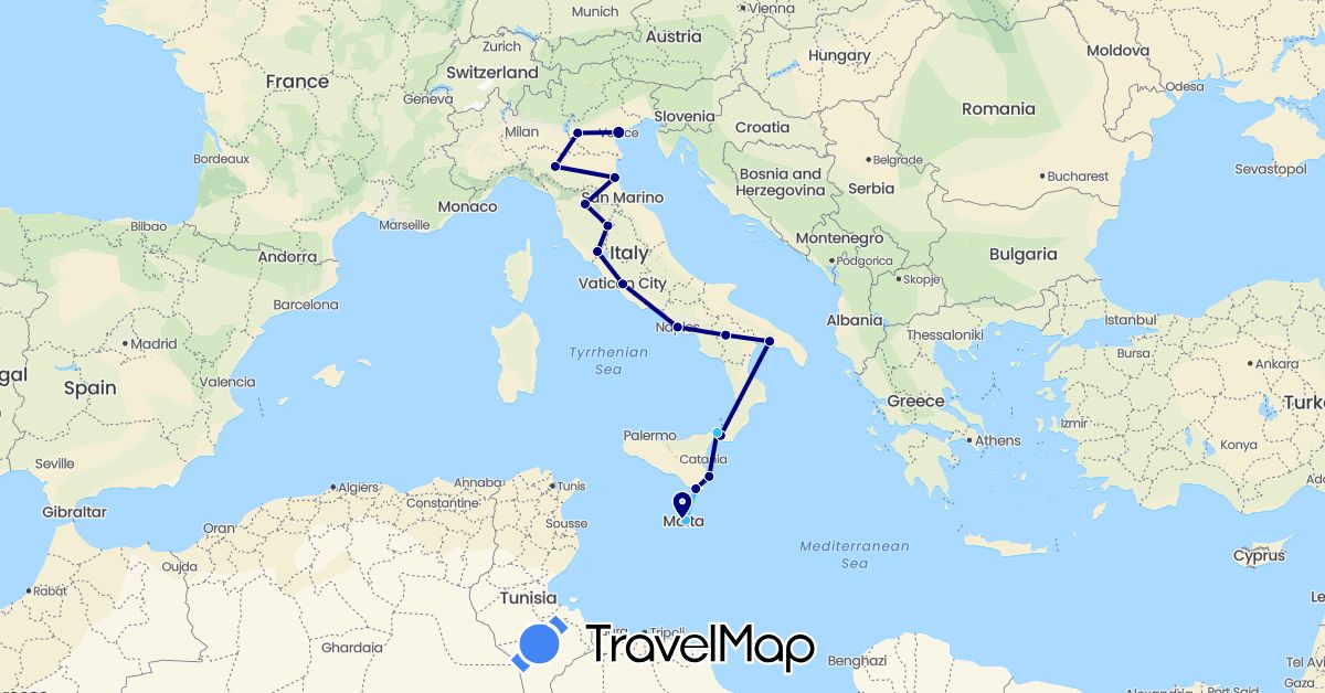 TravelMap itinerary: driving, boat in Italy, Malta (Europe)
